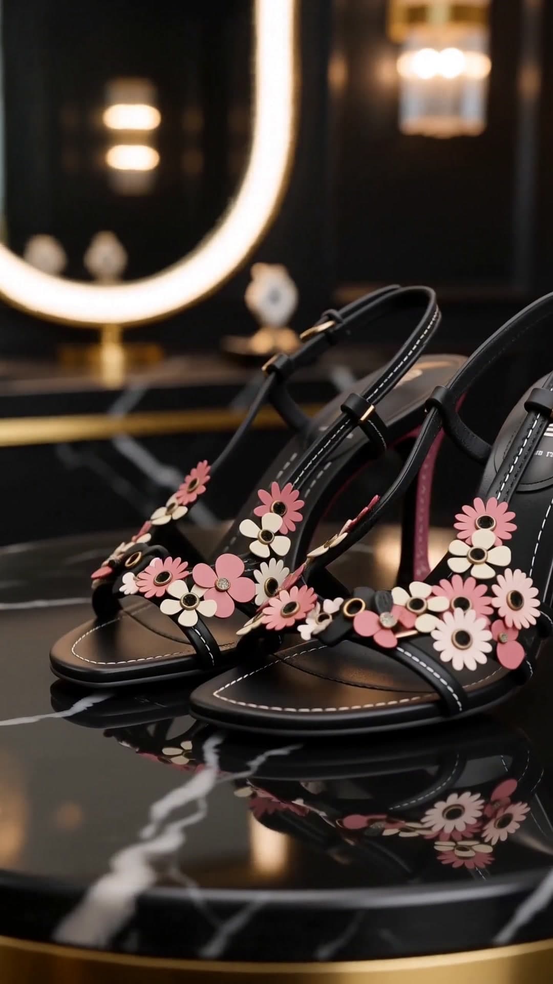 Floral sandals beneath a lit arched mirror