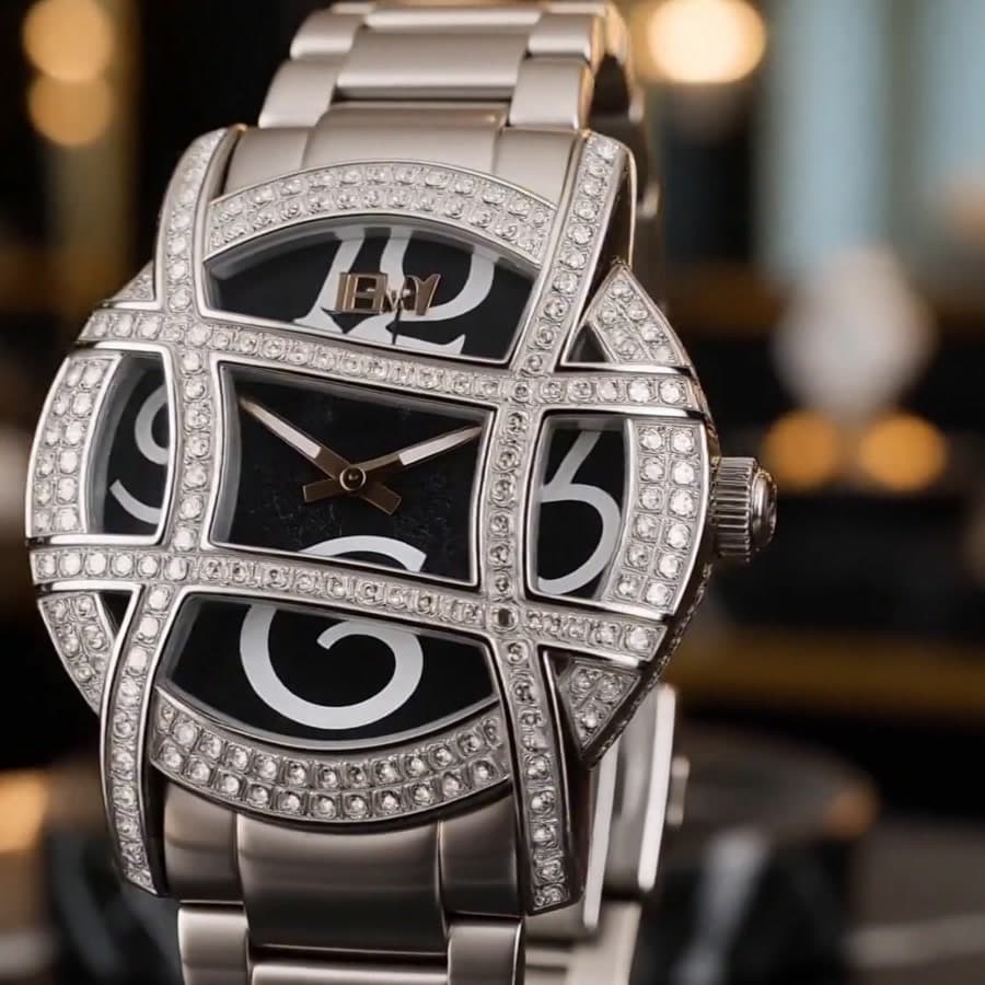 Close detail of the crystal cage watch