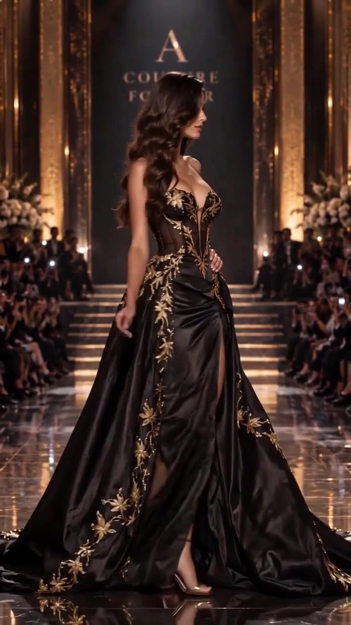 The model turns on the runway, in profile